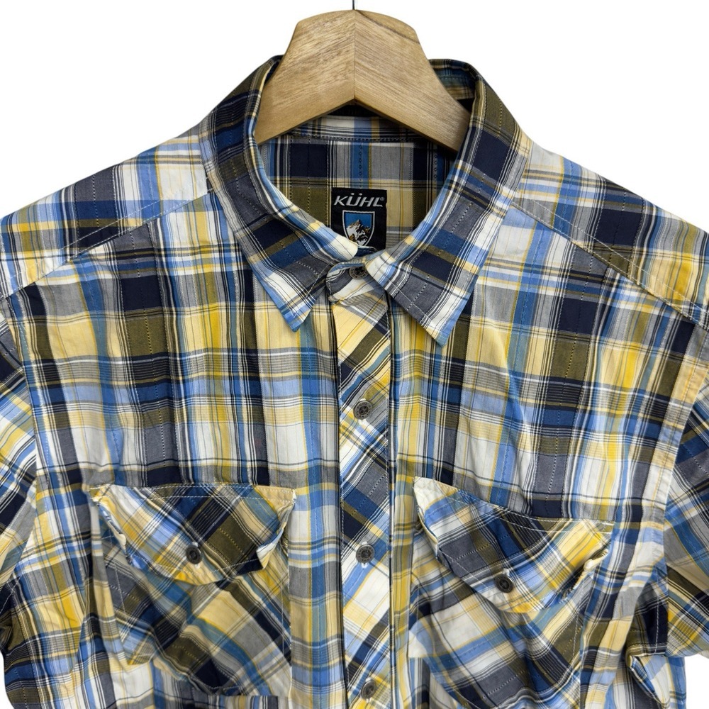 Kuhl Men's Sz S Tencel Button Front Blue/Yellow Plaid Double Pocket Hiking Shirt